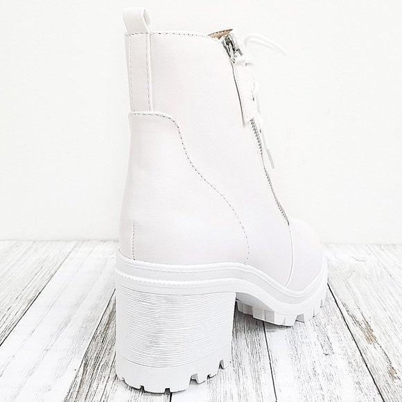 New White Combat Lace Up Lug Ankle Boots Booties - Picture 5 of 5